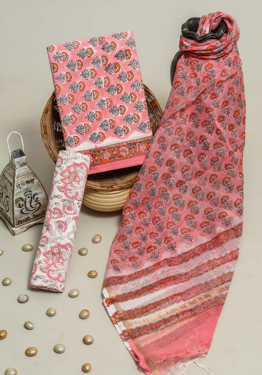 Pure Cotton Hand Block Printed Suit Set With Kota Doria Dupatta