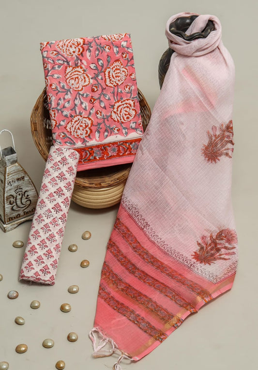 Pure Cotton Hand Block Printed Suit Set With Kota Doria Dupatta