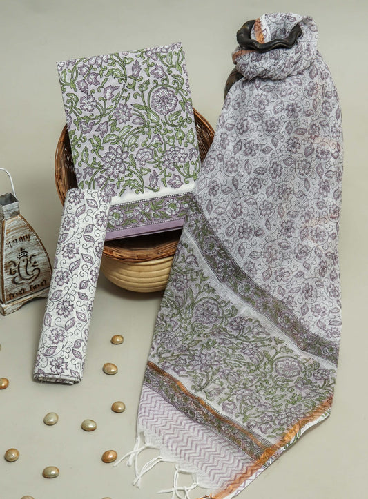 Pure Cotton Hand Block Printed Suit Set With Kota Doria Dupatta