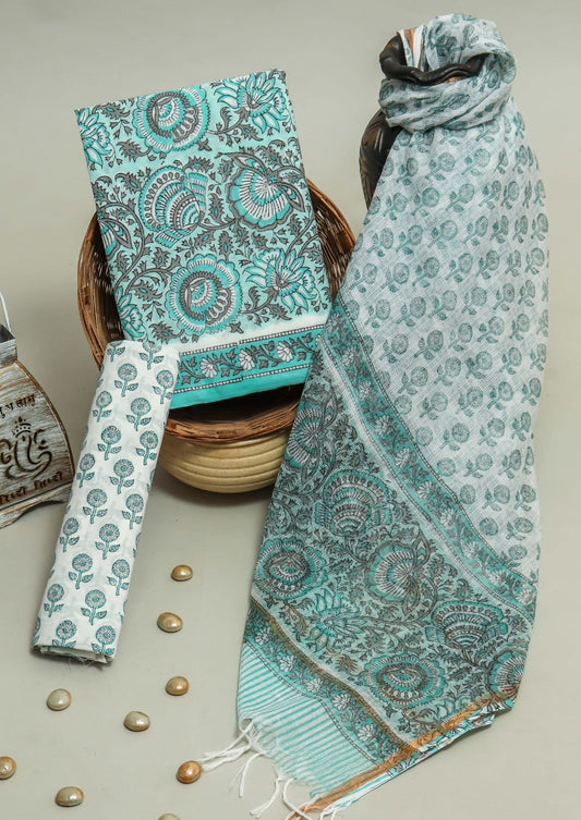 Pure Cotton Hand Block Printed Suit Set With Kota Doria Dupatta