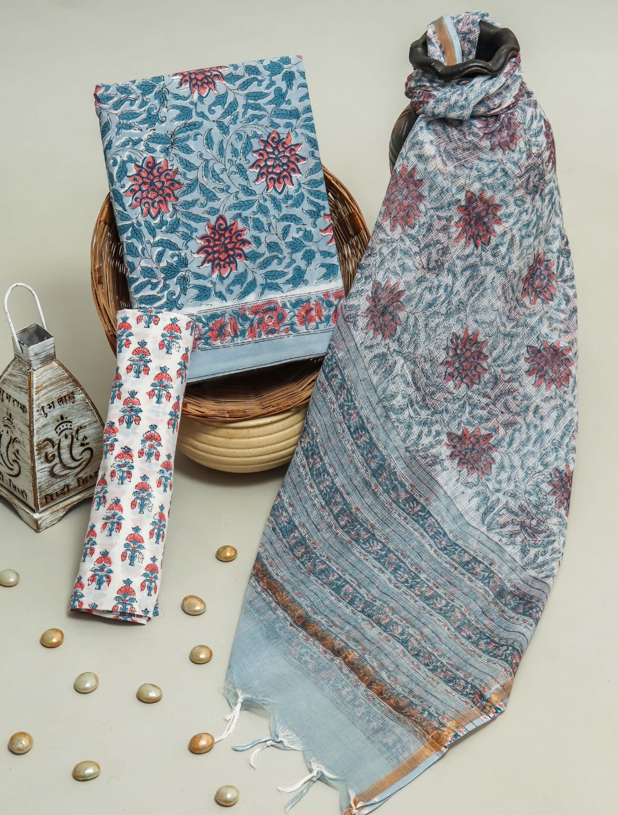 Pure Cotton Hand Block Printed Suit Set With Kota Doria Dupatta