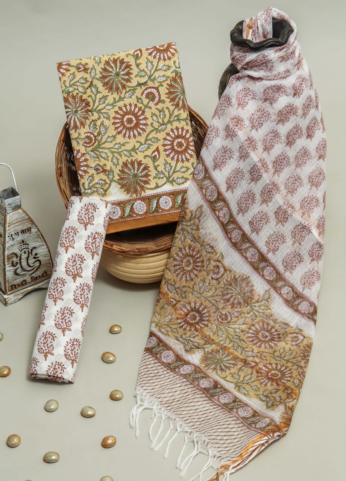 Pure Cotton Hand Block Printed Suit Set With Kota Doria Dupatta