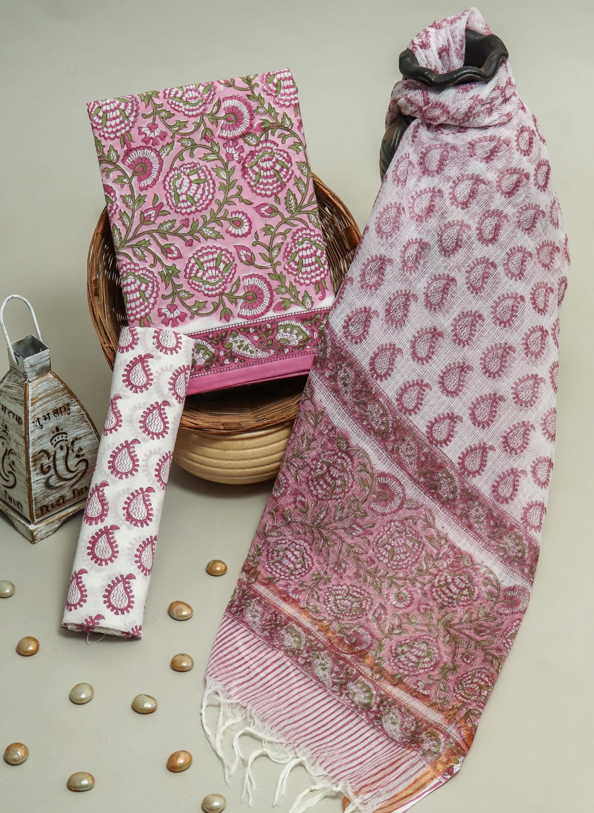 Pure Cotton Hand Block Printed Suit Set With Kota Doria Dupatta