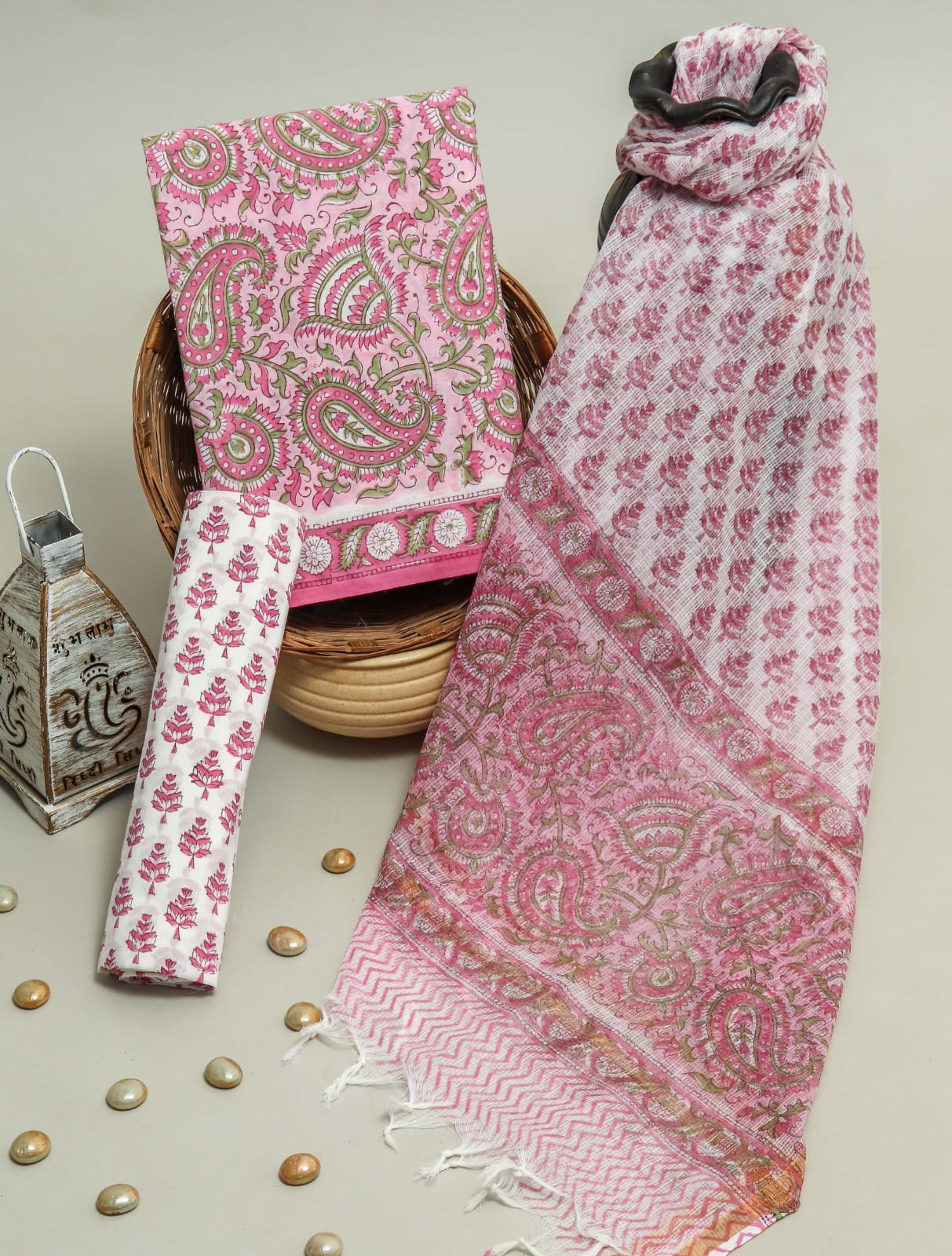 Pure Cotton Hand Block Printed Suit Set With Kota Doria Dupatta