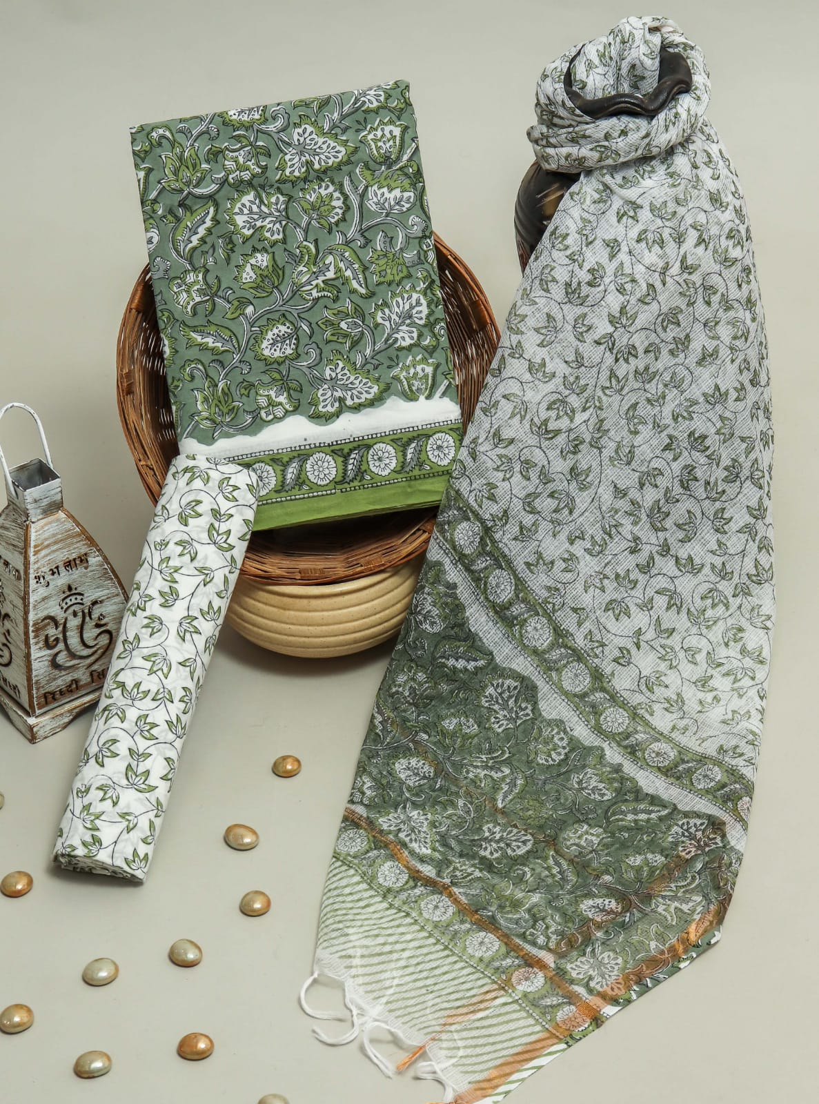 Pure Cotton Hand Block Printed Suit Set With Kota Doria Dupatta