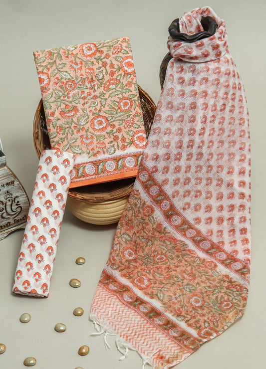 Pure Cotton Hand Block Printed Suit Set With Kota Doria Dupatta