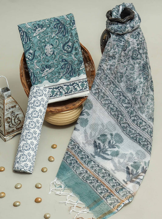 Pure Cotton Hand Block Printed Suit Set With Kota Doria Dupatta