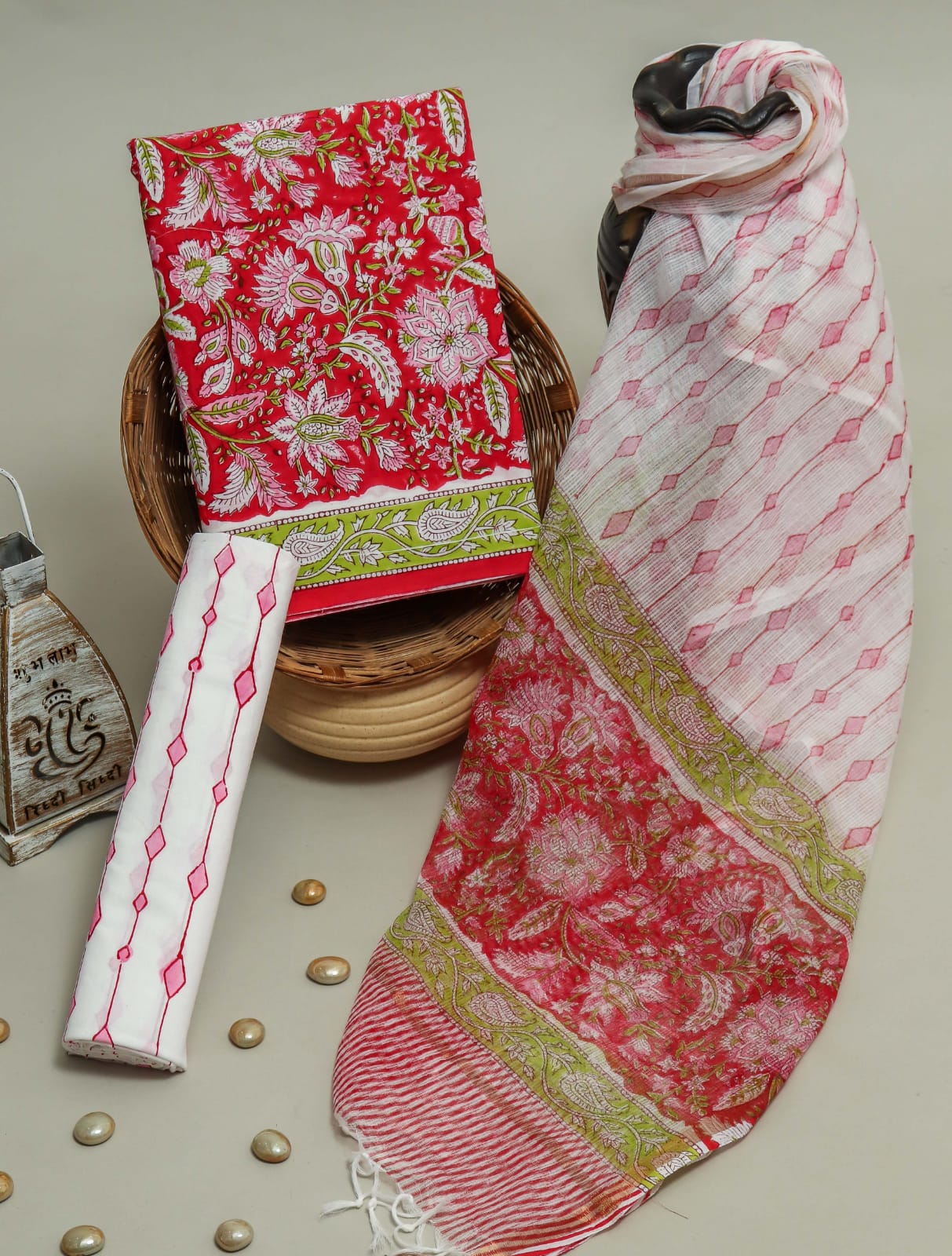 Pure Cotton Hand Block Printed Suit Set With Kota Doria Dupatta