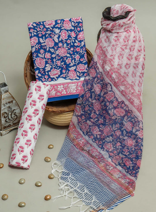 Pure Cotton Hand Block Printed Suit Set With Kota Doria Dupatta