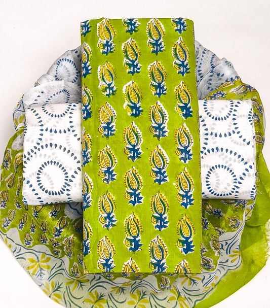 Pure Cotton Hand Block Printed Suit Set With Chiffon Dupatta