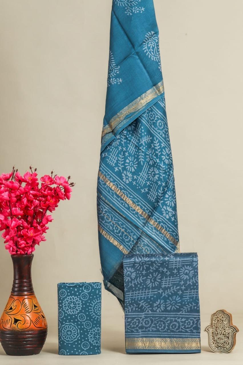 Designer Handblock Printed Maheshwari Silk Suit Set