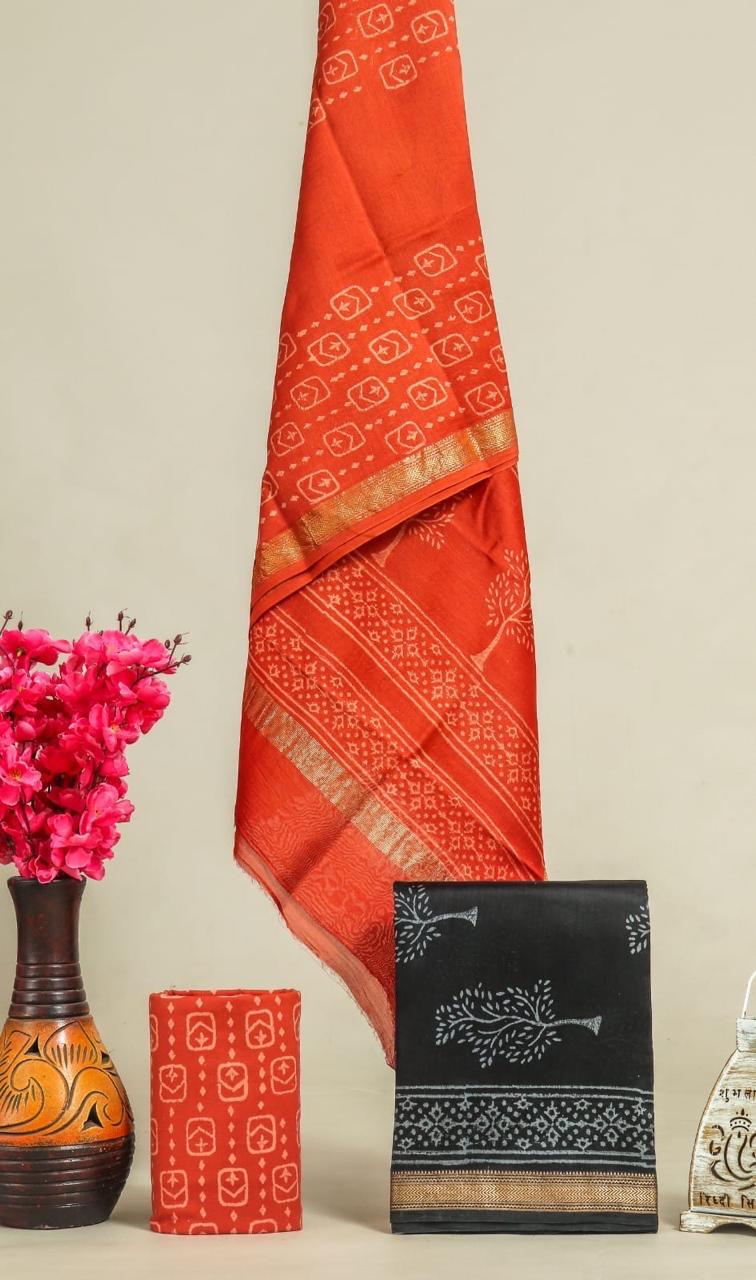 Designer Handblock Printed Maheshwari Silk Suit Set