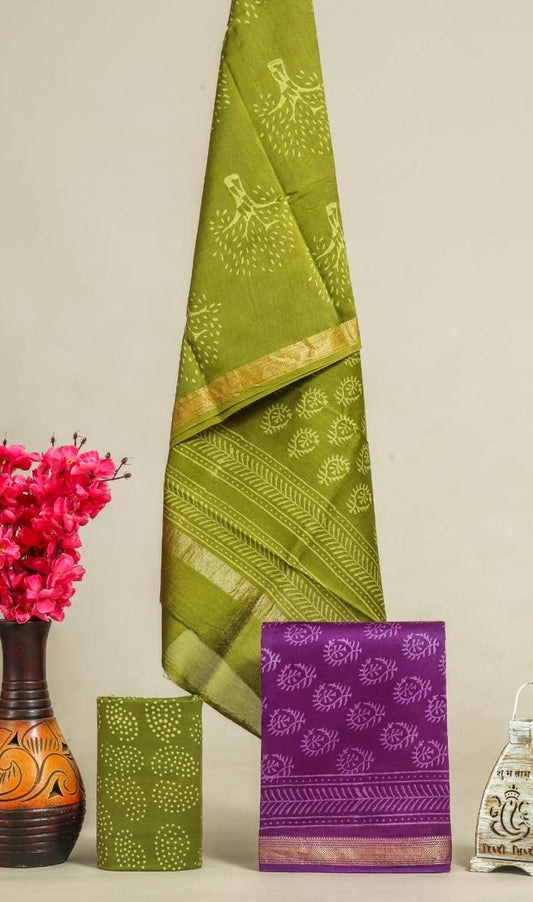 Designer Handblock Printed Maheshwari Silk Suit Set