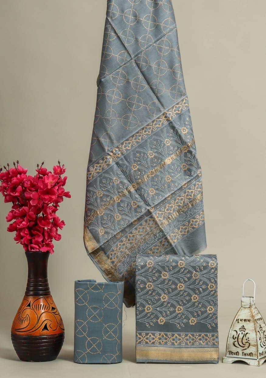 Designer Handblock Printed Maheshwari Silk Suit Set