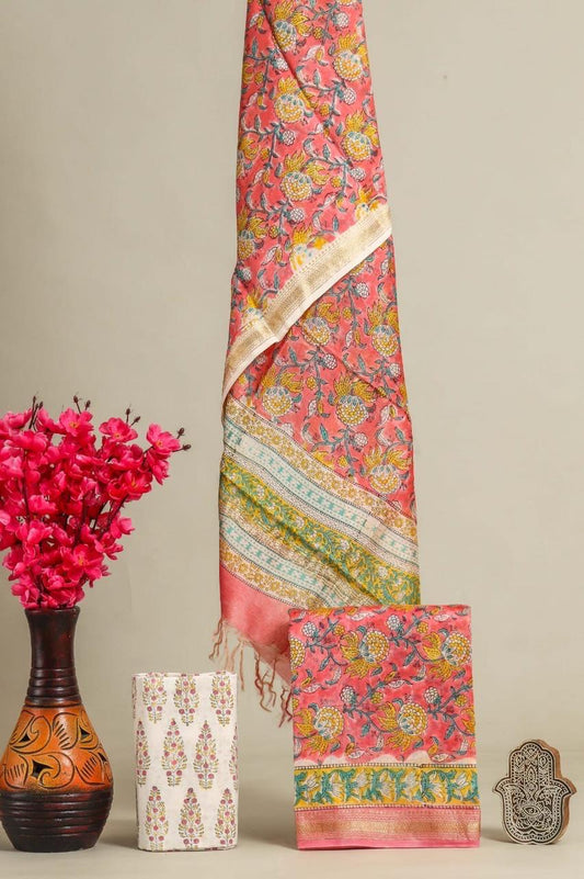 Designer Handblock Printed Maheshwari Silk Suit Set