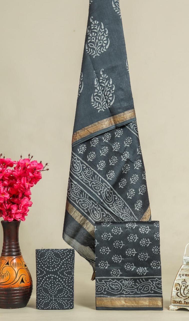 Designer Handblock Printed Maheshwari Silk Suit Set