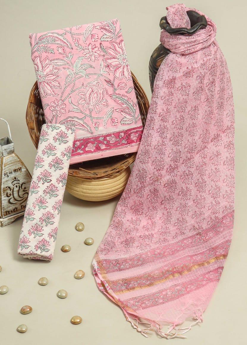 Pure Cotton Hand Block Printed Suit Set With Kota Doria Dupatta