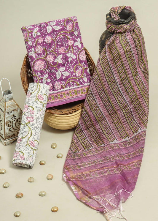 Pure Cotton Hand Block Printed Suit Set With Kota Doria Dupatta