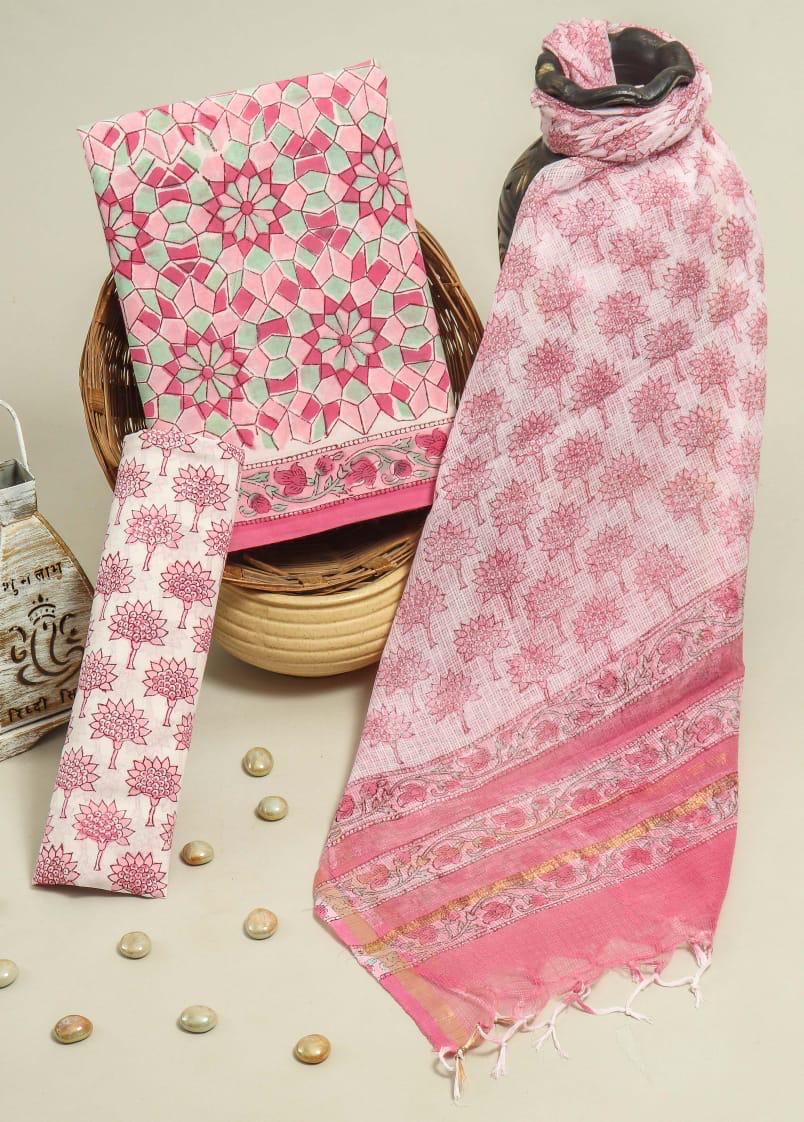 Pure Cotton Hand Block Printed Suit Set With Kota Doria Dupatta