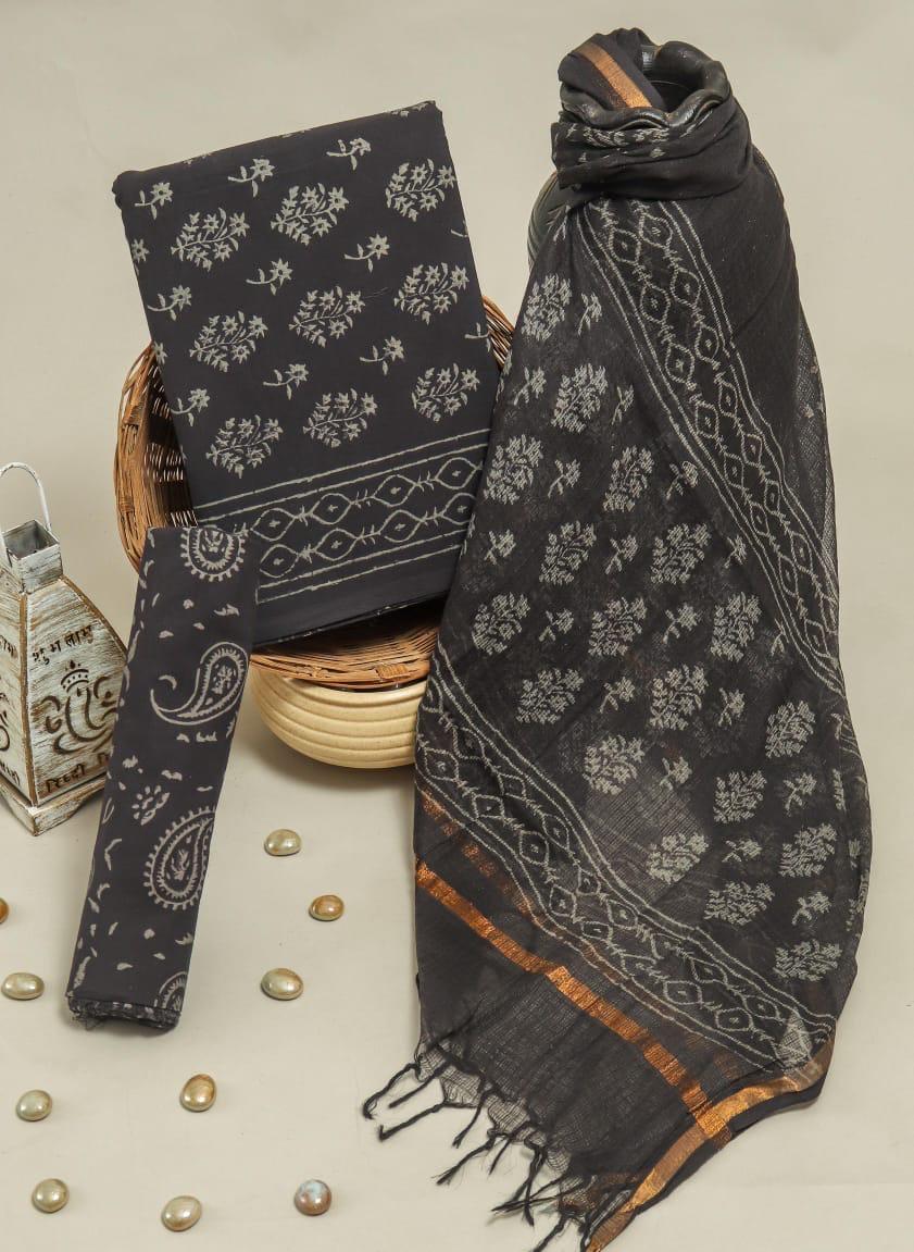 Pure Cotton Hand Block Printed Suit Set With Kota Doria Dupatta