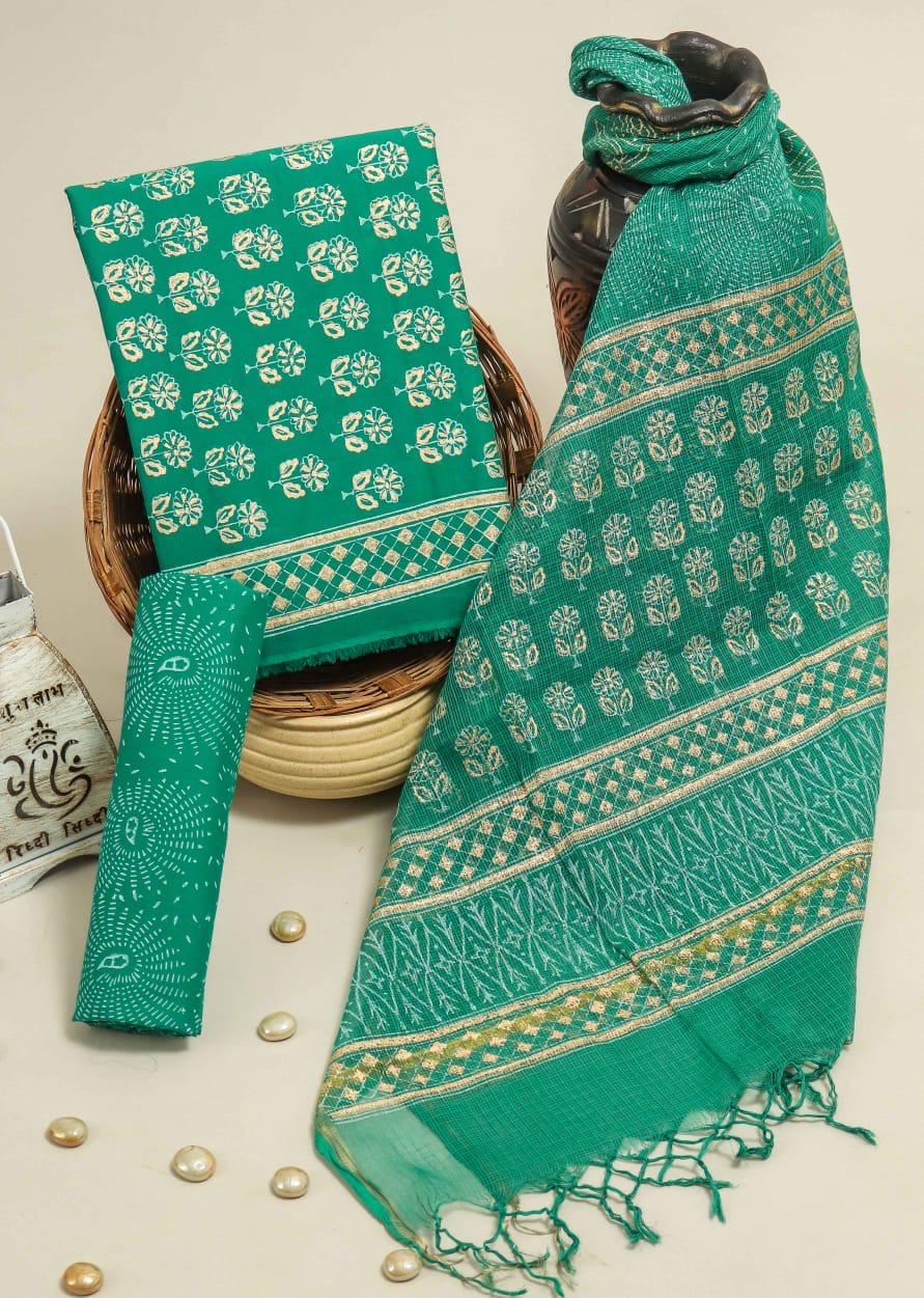 Pure Cotton Hand Block Printed Suit Set With Kota Doria Dupatta