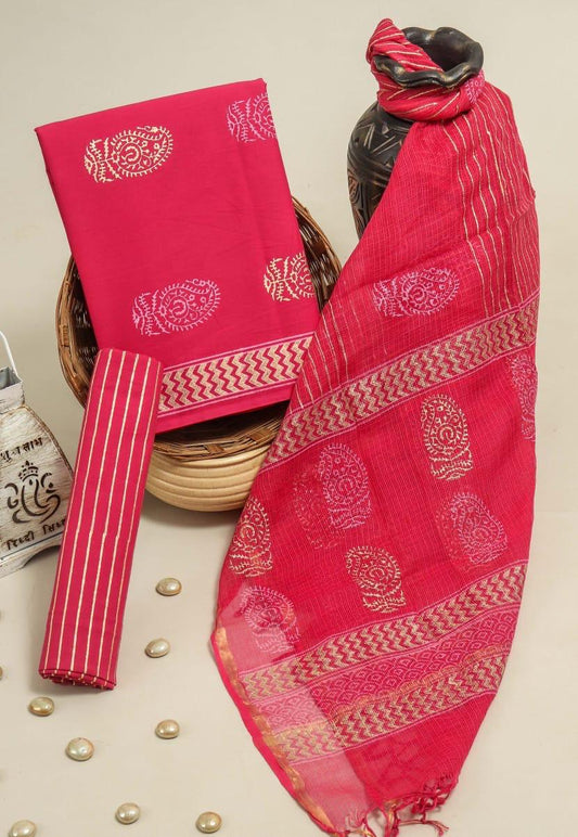 Pure Cotton Hand Block Printed Suit Set With Kota Doria Dupatta