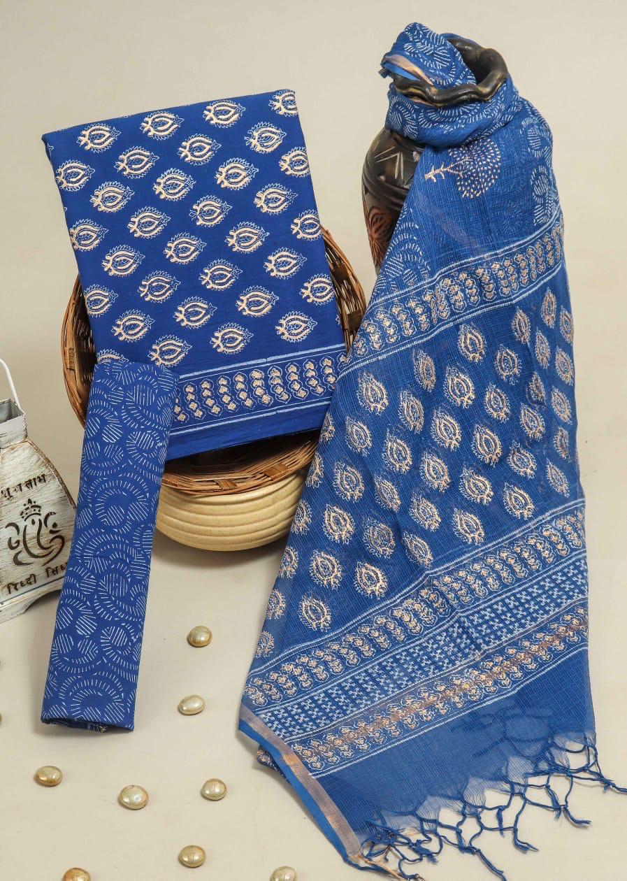 Pure Cotton Hand Block Printed Suit Set With Kota Doria Dupatta