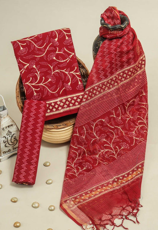 Pure Cotton Hand Block Printed Suit Set With Kota Doria Dupatta