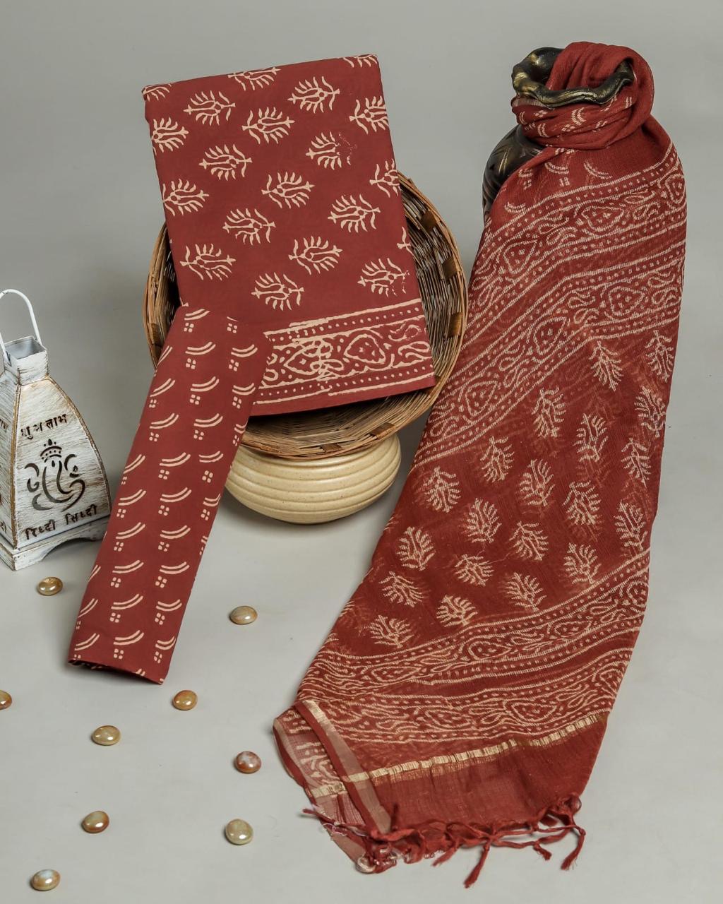 Pure Cotton Hand Block Printed Suit Set With Kota Doria Dupatta