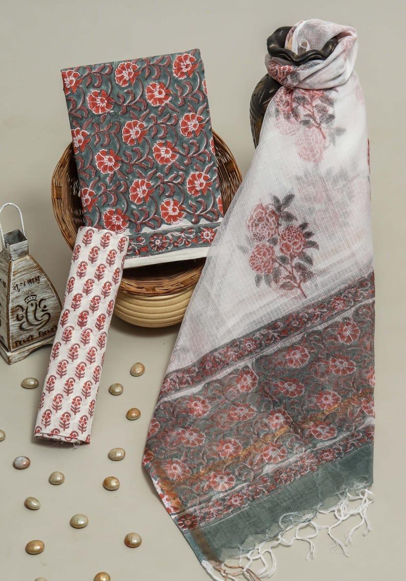 Pure Cotton Hand Block Printed Suit Set With Kota Doria Dupatta