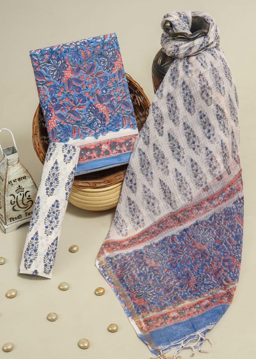 Pure Cotton Hand Block Printed Suit Set With Kota Doria Dupatta