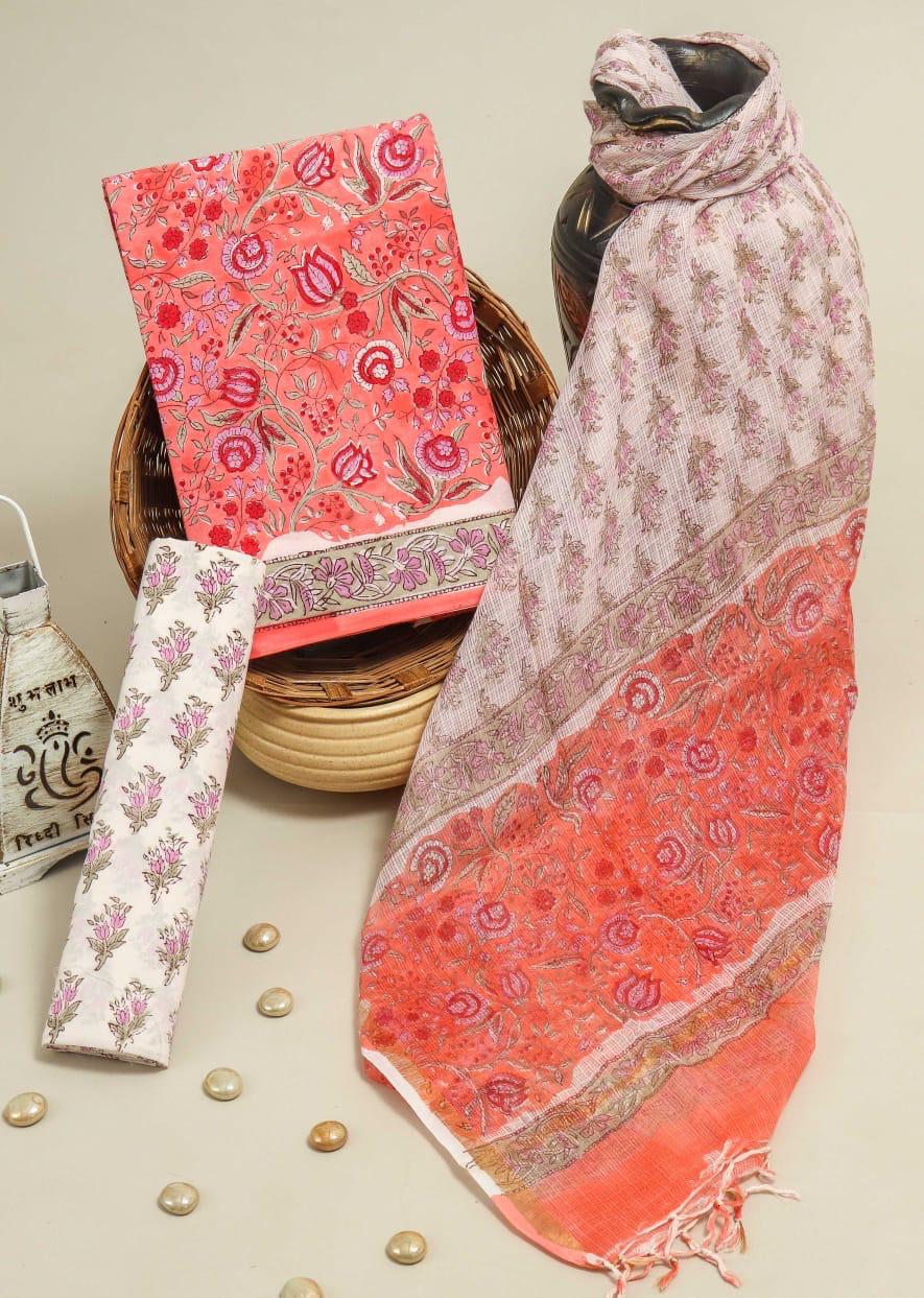 Pure Cotton Hand Block Printed Suit Set With Kota Doria Dupatta