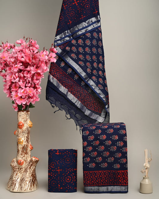 Hand Block Printed Cotton Linen Suit Set With Dupatta