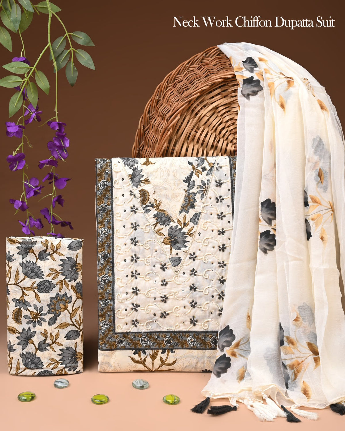 Premium Gota Patti Work Cotton Suit Set With Chiffon Dupatta