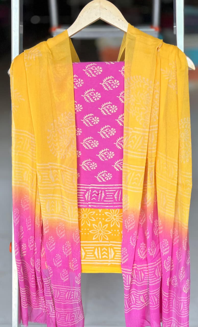 Pure Cotton Hand Block Printed Suit Set With Chiffon Dupatta