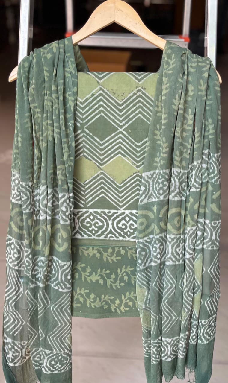 Pure Cotton Hand Block Printed Suit Set With Chiffon Dupatta