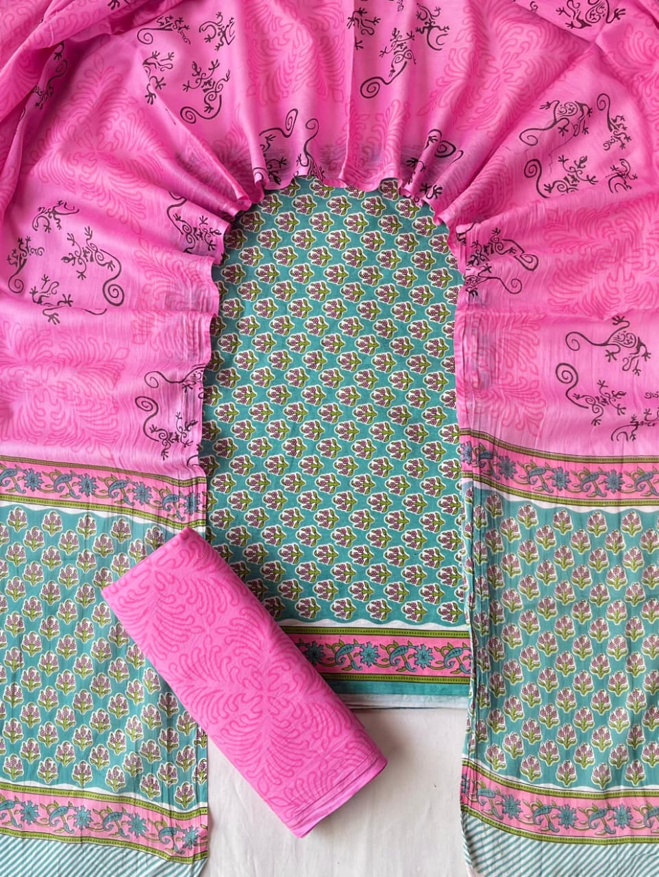 Pure Soft Cotton Hand Block Printed Suit Set With Cotton Dupatta