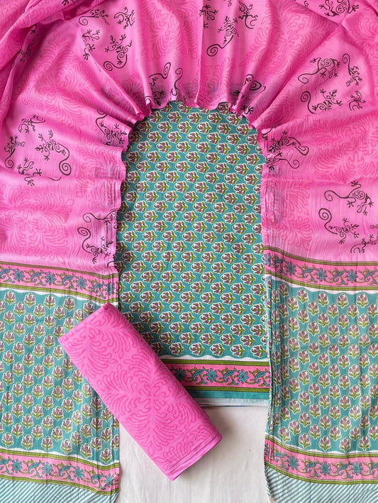 Pure Soft Cotton Hand Block Printed Suit Set With Cotton Dupatta