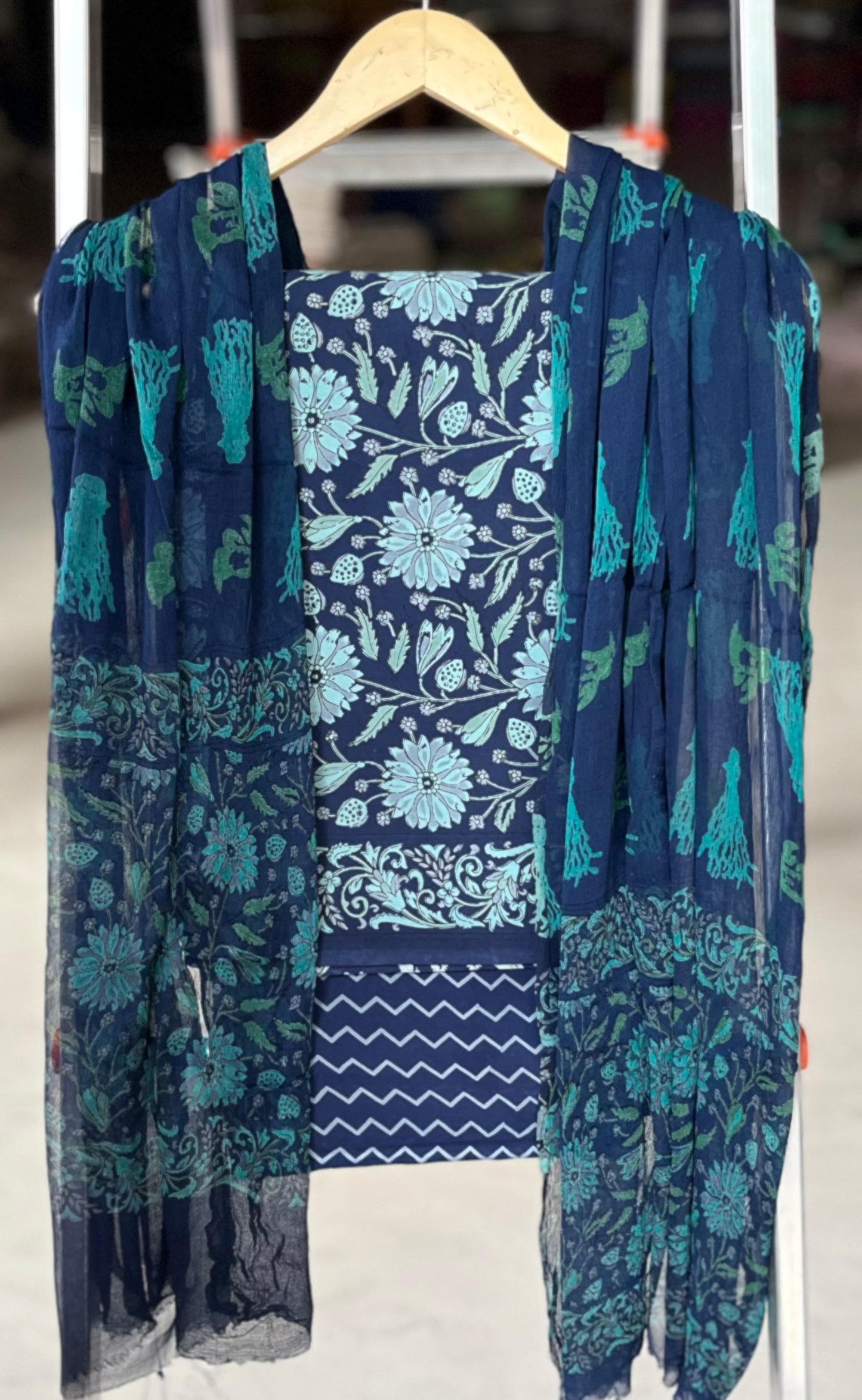 Pure Soft Cotton Hand Block Printed Suit Set With Chiffon Dupatta