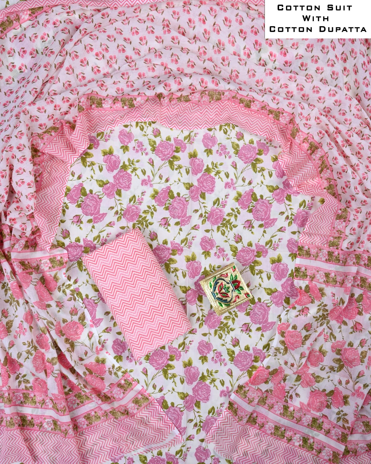 Designer Hand Block Printed Cotton Suit Set With Cotton Dupatta