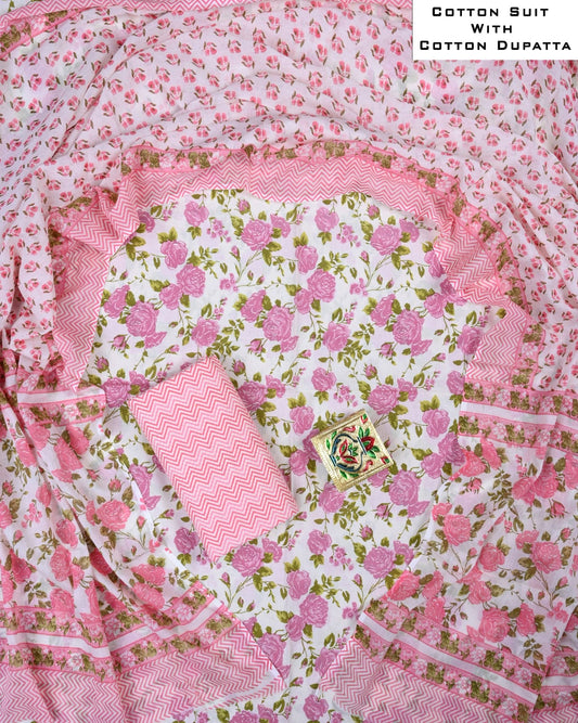 Designer Hand Block Printed Cotton Suit Set With Cotton Dupatta