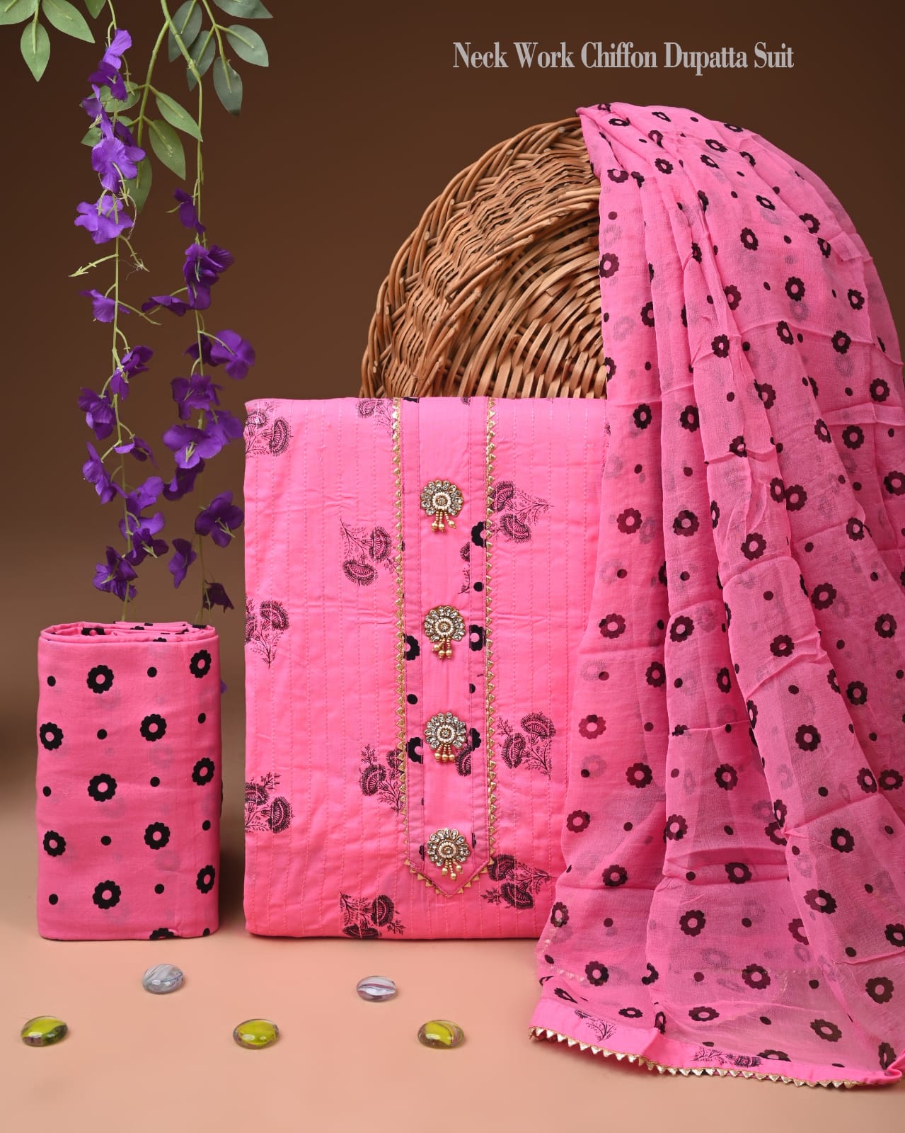 Premium Gota Patti Work Cotton Suit Set With Chiffon Dupatta