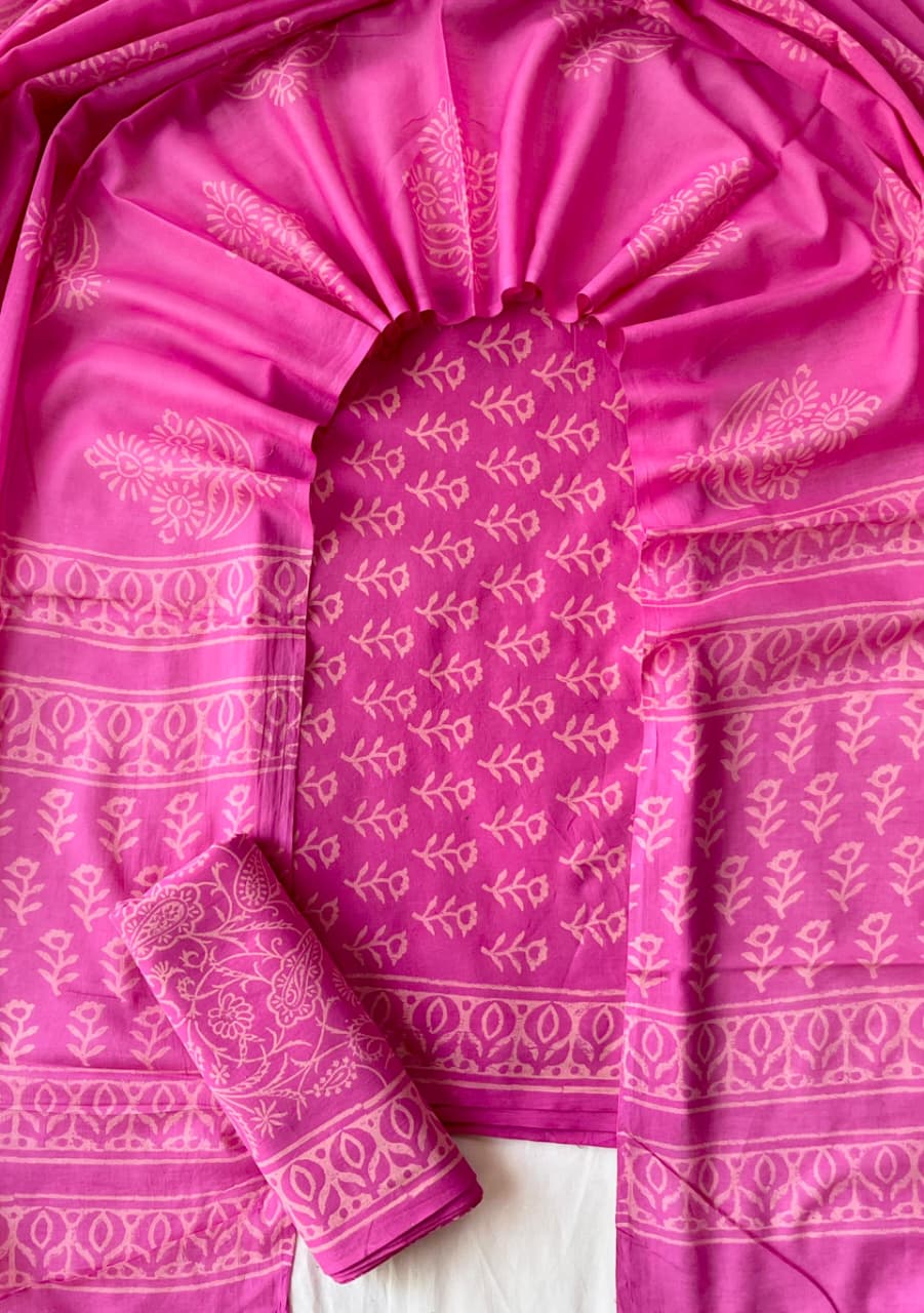 Pure Soft Cotton Hand Block Printed Suit Set With Cotton Dupatta