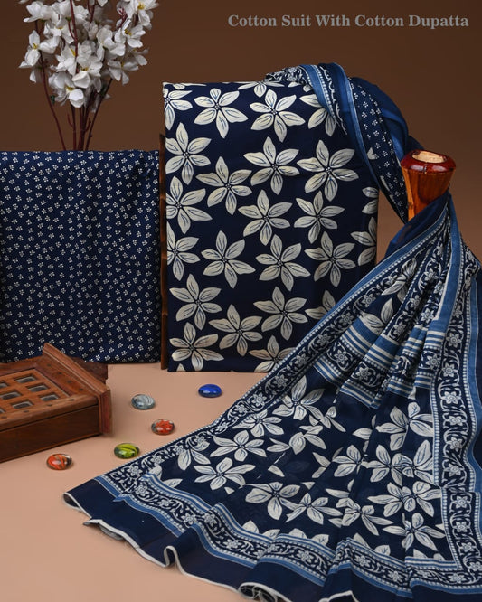 Designer Hand Block Printed Cotton Suit Set With Cotton Dupatta