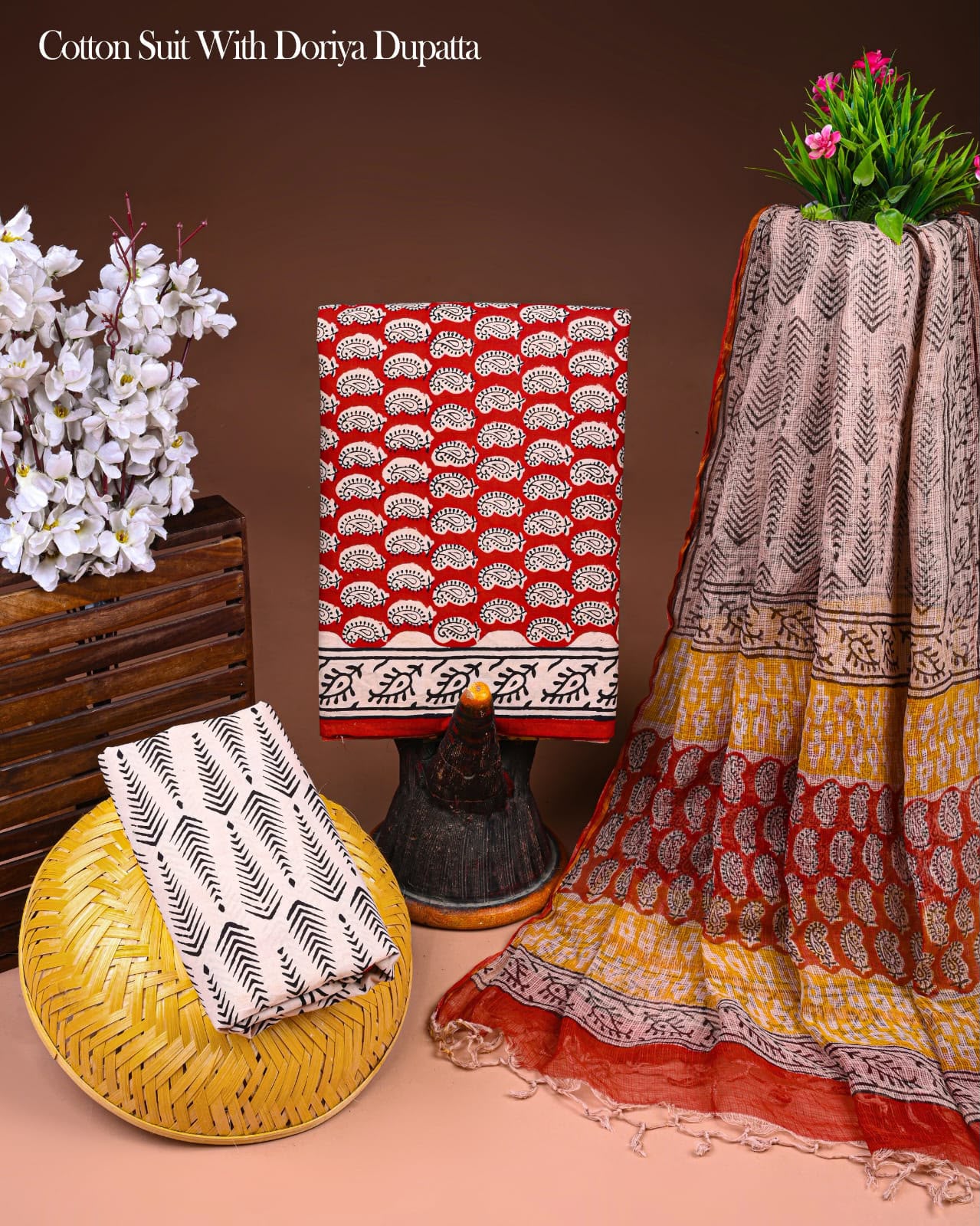 Pure Cotton Hand Block Printed Suit Set With Kota Doria Dupatta