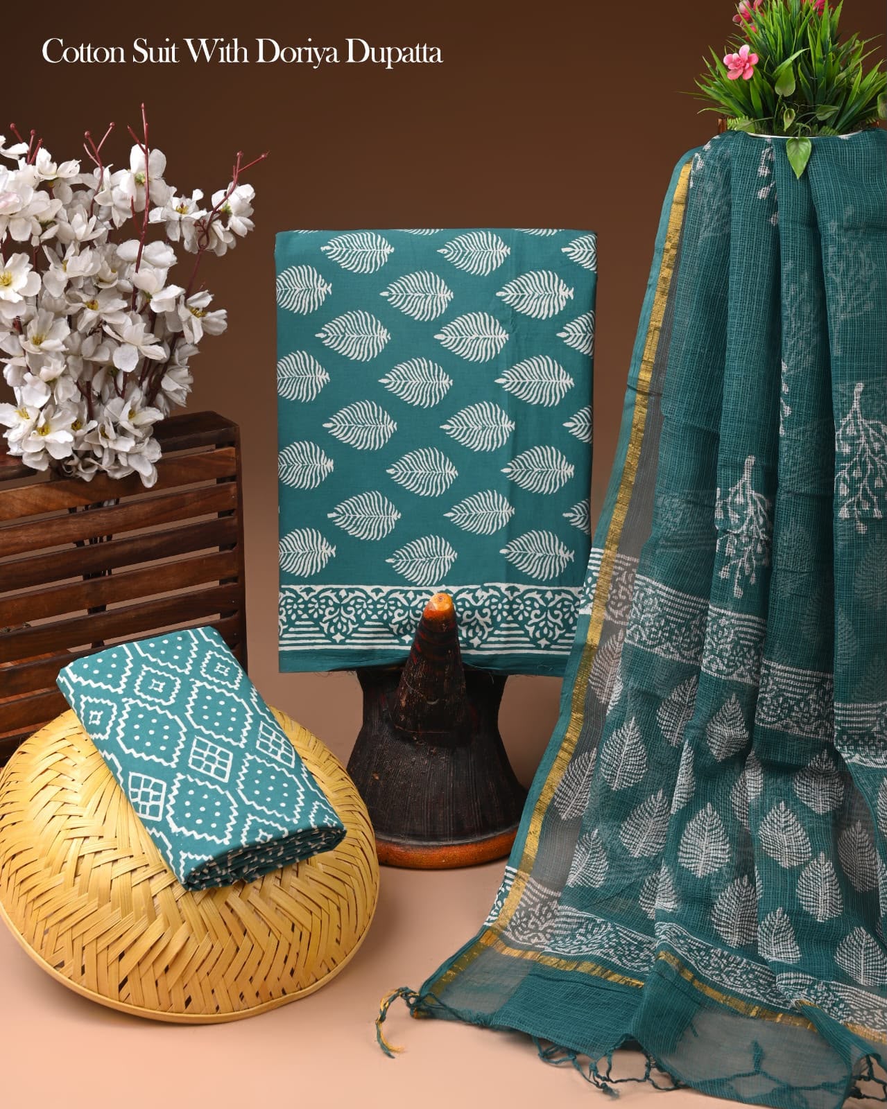Pure Cotton Hand Block Printed Suit Set With Kota Doria Dupatta