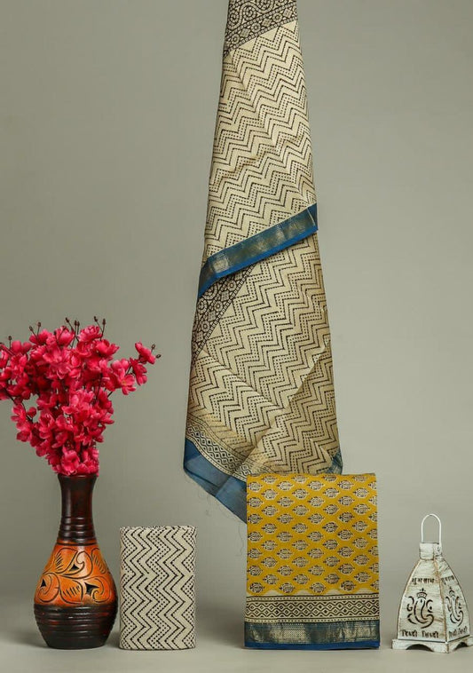 Premium Designer Handblock Printed Maheshwari Silk Suit Set