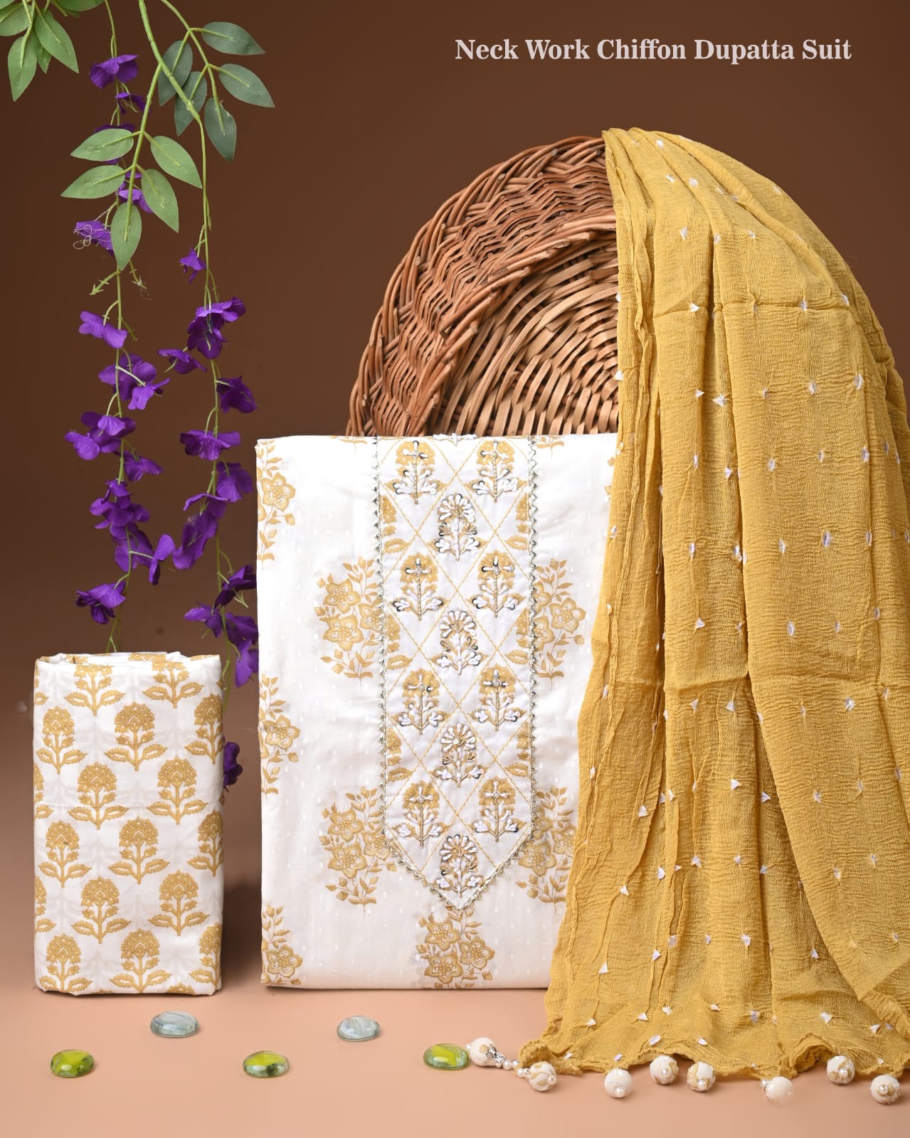 Premium Gota Patti Work Cotton Suit Set With Chiffon Dupatta