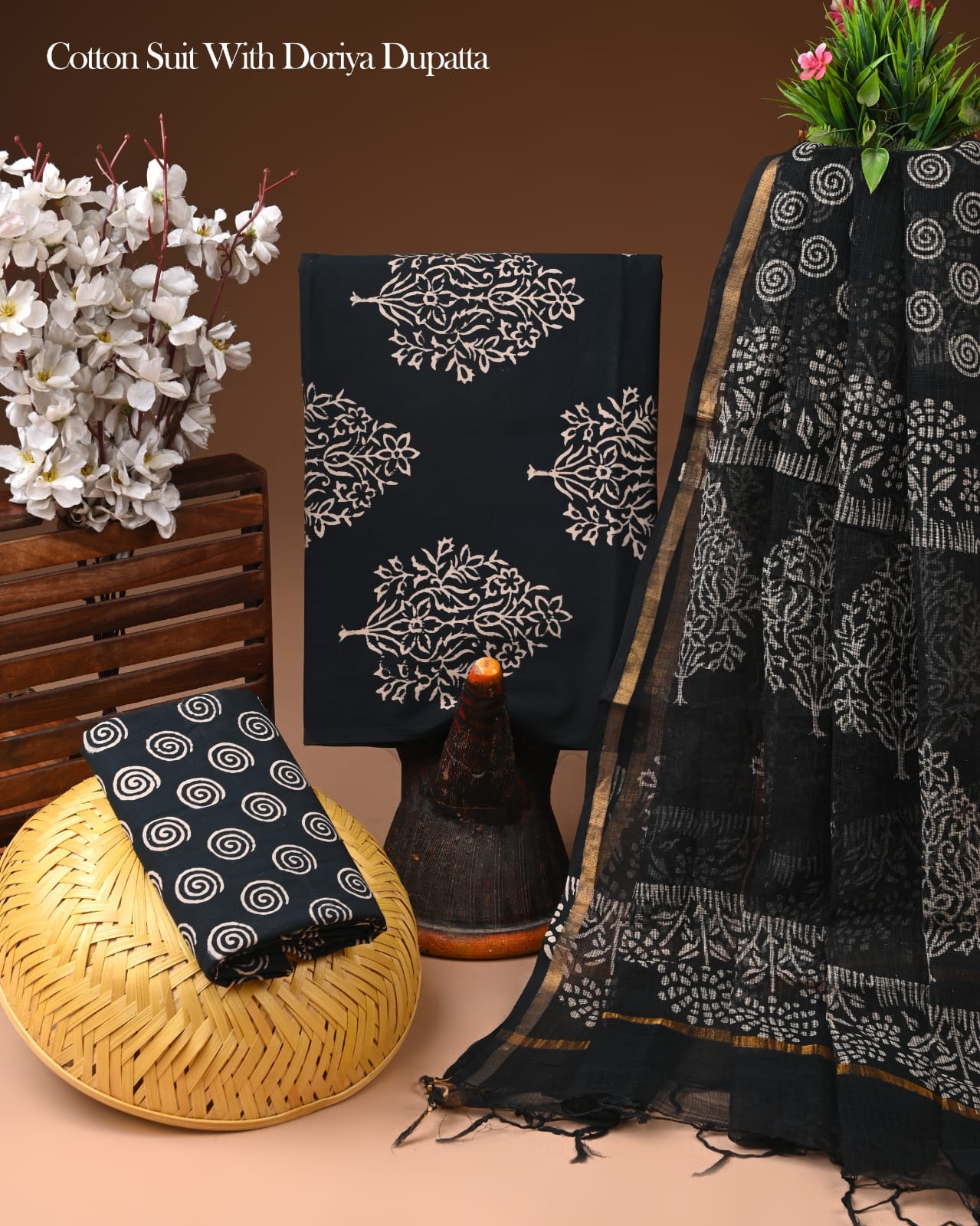 Pure Cotton Hand Block Printed Suit Set With Kota Doria Dupatta