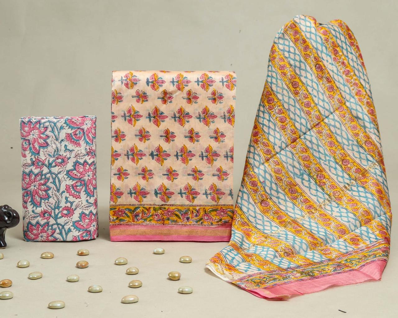 Designer Handblock Printed Chanderi Silk Suit Set